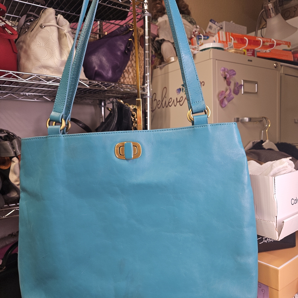 Blue Leather Tote Bag